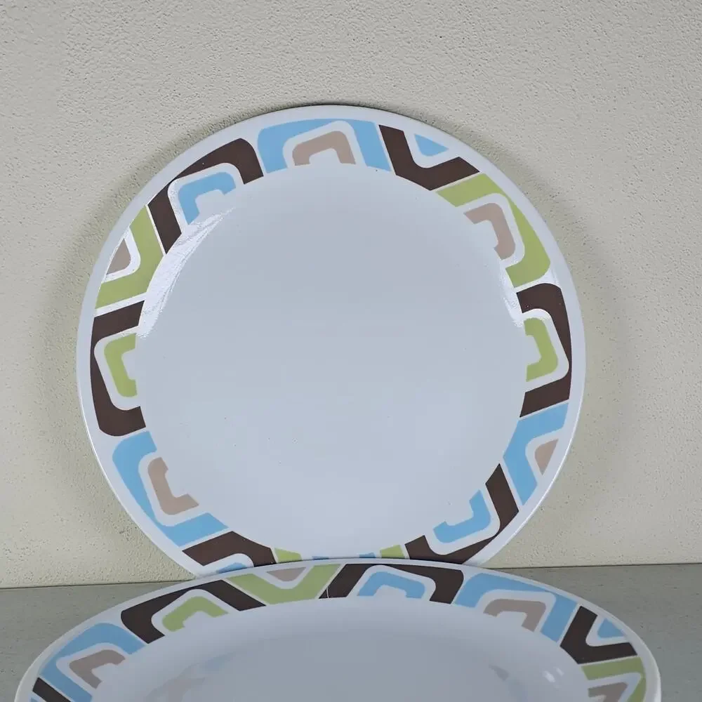 4 Corning Corelle Dishes SQUARED Dinner Plates 10.25” Blue Brown & Green‎